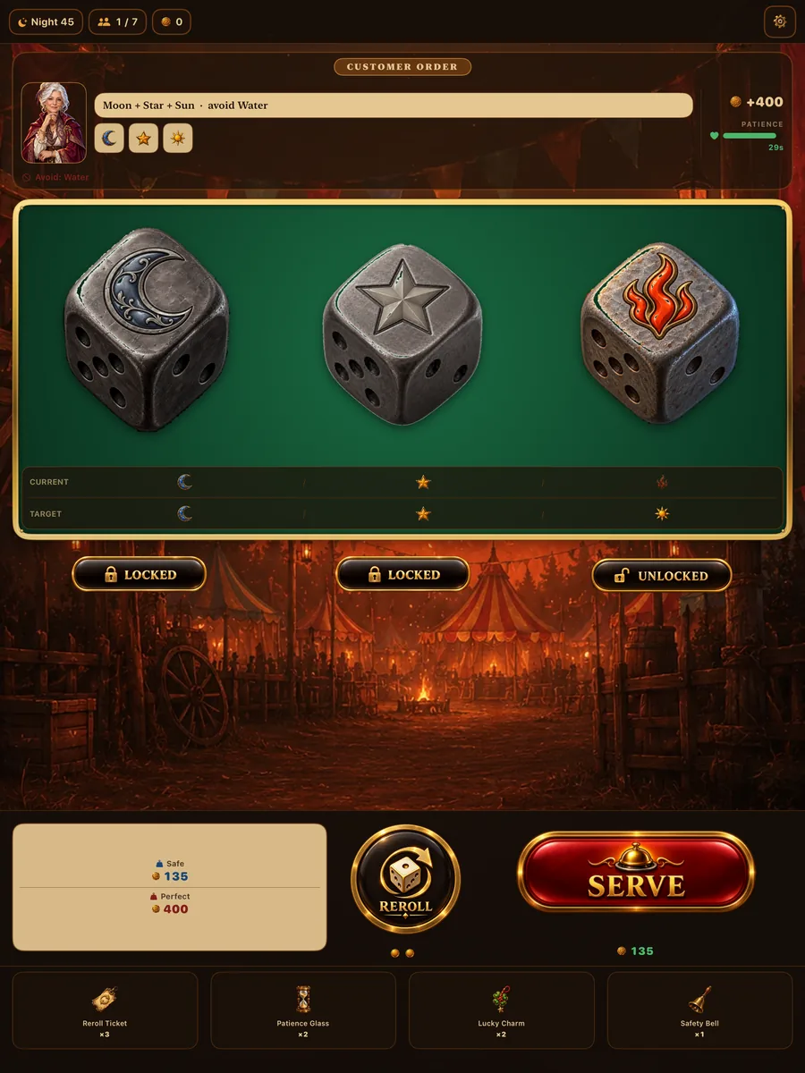 Two dice locked on Moon and Flame, the third waiting to be rerolled
