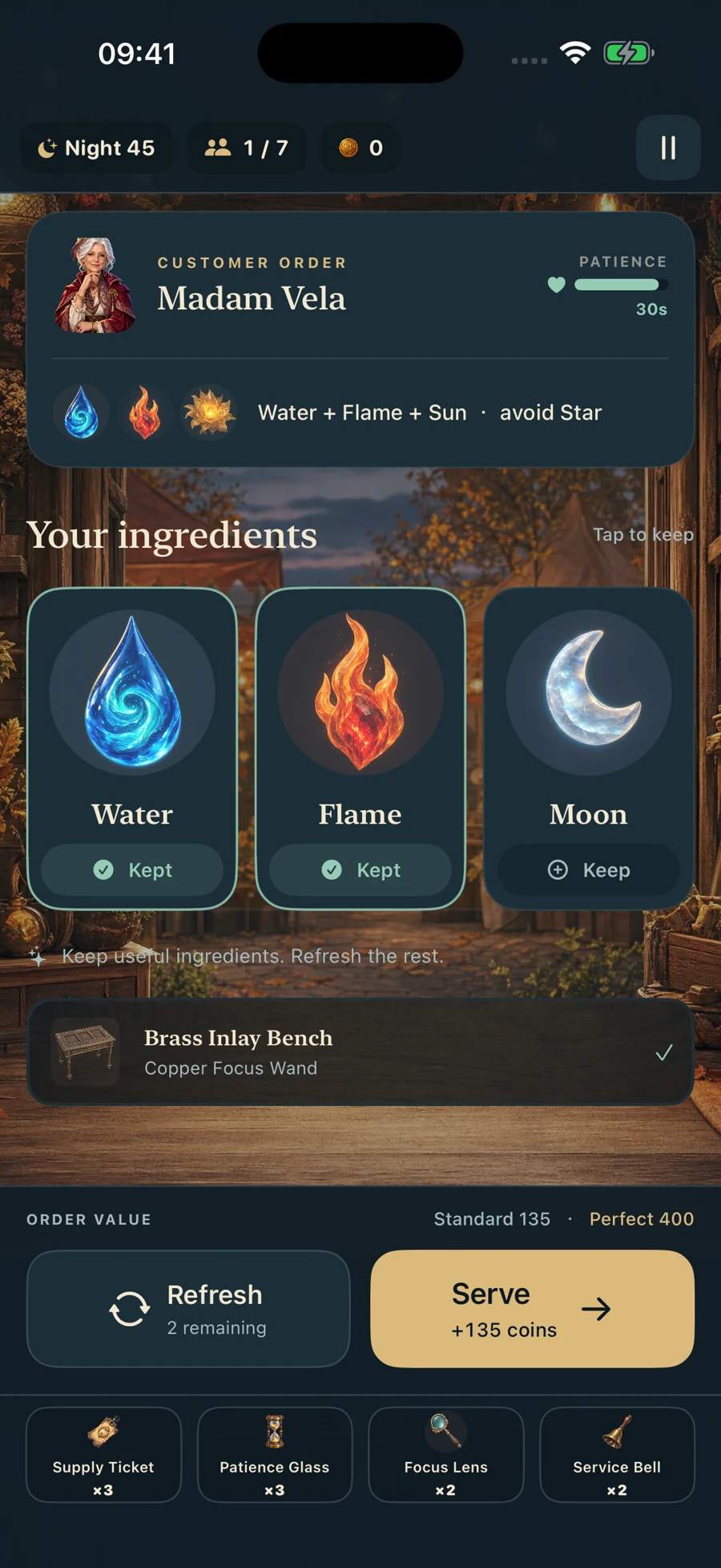 Ingredients arranged on the preparation bench with keep and refresh controls